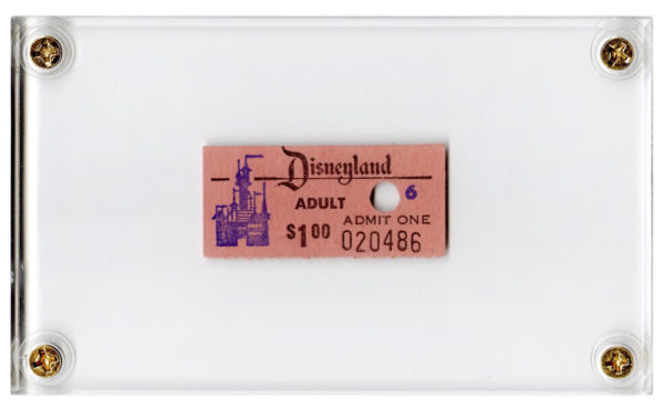 1955 Disneyland adult admission ticket housed in a protective case, is estimated at $600-800. Priced at $1.00, this standalone midcentury admission ticket is one of the first passes issued by the park and is among the rarest.