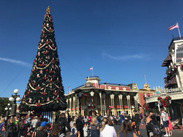 This giant Christmas tree sits in the center of Magic Kingdom's Town Square. 