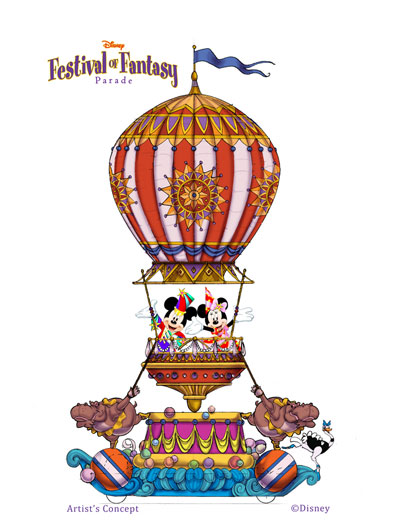 This parade float incorporates themes from "Fantasia" with Mickey Mouse and Minnie Mouse. Image credits (C) Disney Enterprises, Inc. All Rights Reserved