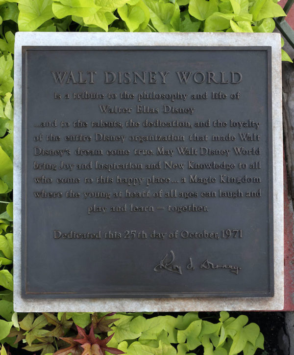 Walt Disney World dedication plaque. Photo credits (C) Disney Enterprises, Inc. All Rights Reserved 