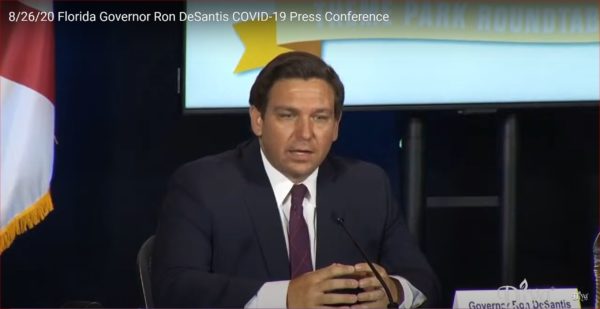 Florida Governor Ron DeSantis speaks at a theme park roundtable event on August 26, 2020. Copyright (C) Youtube.
