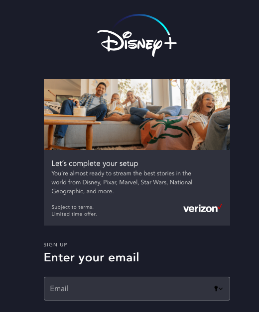 To complete your sign up, enter your e-mail and password to create a Disney+ account.