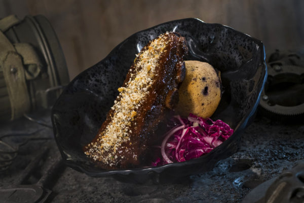 The Smoked Kaadu Ribs include country sticky pork ribs with blueberry corn muffin and cabbage slaw. I tried it and it is good! Photo credits (C) Disney Enterprises, Inc. All Rights Reserved 