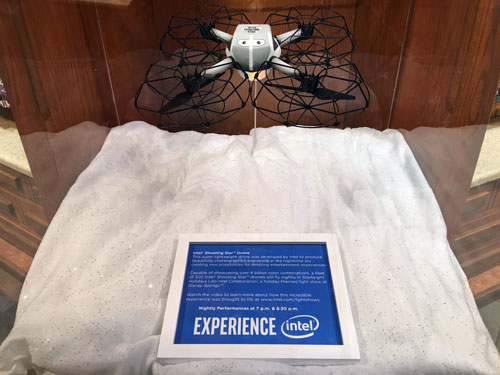 The sample of the Intel drone was on display in the Disney's Pin Traders store.