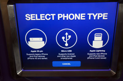Swipe your card, which is not charged, and select your phone type.