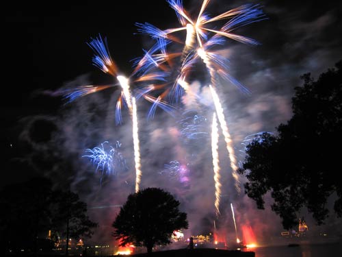 Hundreds of fireworks fill the sky.