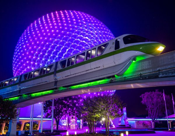 In honor of the resort’s 50th anniversary celebration, each train received a lighting color matching its painted stripe. (David Roark, photographer) Photo credits (C) Disney Enterprises, Inc. All Rights Reserved